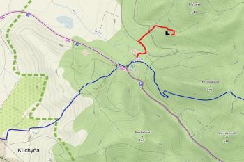 Červeně zaznačena trasa cesty k hradu ( © Luděk Vláčil 04/2016 z využitím mapy.cz)