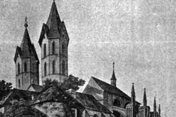 kostel od jihozápadu na kresbě podle rytiny z r. 1851 (© Antonín Podlaha: Posvátná místa království Českého; Díl 4., Vikariáty: Kolínský a Rokycanský, Dědictví sv. Jana Nepomuckého, Praha 1910)