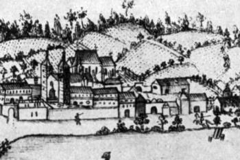 klášter na vedutě Marca Millera z r. 1721 ( © Jiří Kuthan: Premonstrátské opatství a kostel sv. Jiljí v Milevsku, Umění XVII/6, Academia, Praha 1969)