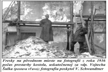 Gotická freska na původním místě v r. 1936. (© zdroj: Súvislosti gotickej sakrálnej architektúry vinohradníckych sídel pod Malými Karpatami Jozef Tihányi - Fotografii poskytl V. Schwandtner)