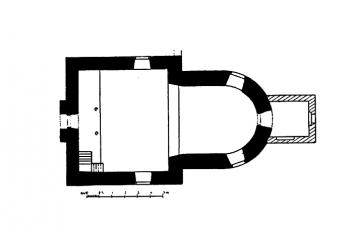 půdorys kostela (© Antonín Podlaha: Soupis památek historických a uměleckých v Království Českém, sv. 13 Politický okres příbramský, Archaelogická komise při České akademii císaře Františka Josefa pro vědy, slovesnost a umění, Praha 1901)