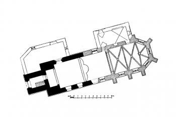půdorys kostela (© Bohumil Matějka, Josef Štěpánek, Zdeněk Wirth: Soupis památek historických a uměleckých v Království Českém, sv. 29 Politický okres litomyšlský, Archaelogická komise při České akademii císaře Františka Josefa pro vědy, slovesnost a umění, Praha 1908)