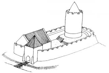 hmotová rekonstrukce pro 14. století (© J. Salm podle T. Kastka, R, Mruczka a dalších (in L. Kajzer, S. Kołodziejski, J. Salm: Leksykon zamków v Polsce,nakl. Arkady, Warszawa, 2003))