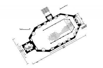 půdorys kostela (© Karol Guttmejer, Karta ewidencyjna zabytków architektury i budownictwa, Ośrodek dokumentacji zabytków w Warszawie, 1994)