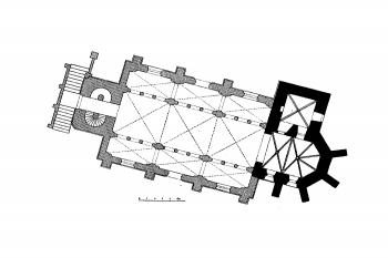 půdorys kostela (© Josef Vítězslav Šimák: Soupis památek historických a uměleckých v Království Českém, sv. 32 Politický okres turnovský, Archaelogická komise při České akademii císaře Františka Josefa pro vědy, slovesnost a umění, Praha 1909)