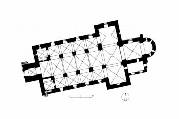 půdorys kostela (© Benesch, Evelyn, ed.: Dehio-Handbuch - Die Kunstdenkmäler Österreichs - Niederösterreich, 1 nördlich der Donau, Schroll, Wien 1990)
