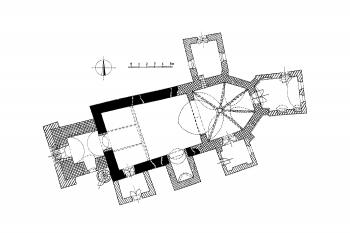 půdorys kostela (© Karel Kibic ml., Vojtěch Vaněk: Středověká venkovská sakrální architektura na Kutnohorsku, Vlastivědná knihovnička SPS, sv. 19, Společnost přátel starožitností a Unicornis, Praha 2012)