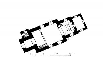 půdorys kostela (© Ferdinand Velc: Soupis památek historických a uměleckých v Království Českém, sv. 20 Politický okres slanský, Archaelogická komise při České akademii císaře Františka Josefa pro vědy, slovesnost a umění, Praha 1904)
