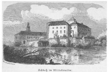 Zámek na kresbě z r. 1889. (© zdroj: http://www.zvab.com)