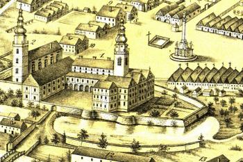 zámek od jihozápadu na vedutě z r. 1739 (© Album der Grafschaft Glatz oder Abbildungen der Städte, Kirchen, Klöster, Schlösser und Burgen derselben, vor mehr als 150 Jahren)