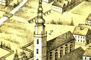 kostel od jihozápadu na vedutě z r. 1739 (© Album der Grafschaft Glatz oder Abbildungen der Städte, Kirchen, Klöster, Schlösser und Burgen derselben, vor mehr als 150 Jahren)