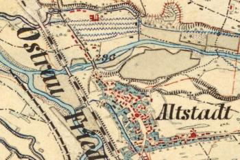 vyznačení dožívajících plavebních kanálů a nově zřízené parní pily na topografické mapě z let 1876-78  ( © OLDMAPS.GEOLAB.CZ)