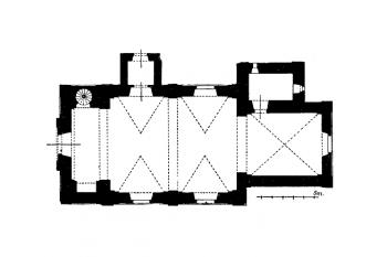 půdorys kostela (© Josef Vítězslav Šimák: Soupis památek historických a uměleckých v Království Českém, sv. 46 Politický okres mnichovohradišťský, Archaelogická komise při České akademii věd a umění, Praha 1930)