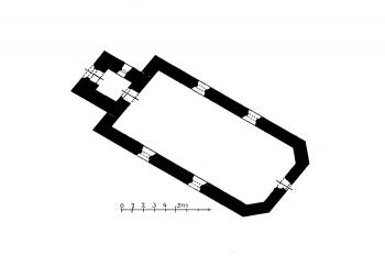 půdorys kostela (© Josef Vítězslav Šimák: Soupis památek historických a uměleckých v Království Českém, sv. 46 Politický okres mnichovohradišťský, Archaelogická komise při České akademii věd a umění, Praha 1930)