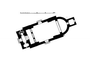 půdorys kostela (© Ferdinand Velc: Soupis památek historických a uměleckých v Království Českém, sv. 20 Politický okres slanský, Archaelogická komise při České akademii císaře Františka Josefa pro vědy, slovesnost a umění, Praha 1904)