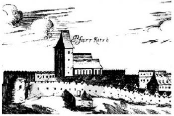Kostel na kresbě z r. 1672 ( Stich von G. M. Vischer) (© ©zdroj: http://www.imareal.sbg.ac.at/noe-burgen-online/result/burgid/1839)