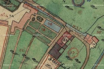 Objekty Hansfalkovský dvůr a Raudnitzův dům na Císařském povinném otisku map stabilního katastru Čech z r. 1840. (©zdroj:http://archivnimapy.cuzk.cz)