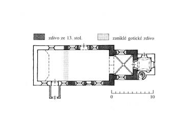 půdorys kostela s vyznačením gotického zdiva podle Dobroslava Líbala (© Jiří Fajt a Nina Bažantová: Gotika v západních Čechách (1230-1530), Národní galerie v Praze, Praha 1995)