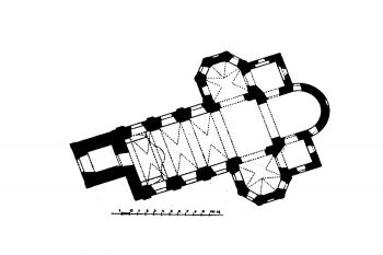 půdorys kostela (© Karel Hostaš, Ferdinand Vaněk: Soupis památek historických a uměleckých v Království Českém, sv. 25 Politický okres přeštický, Archaelogická komise při České akademii císaře Františka Josefa pro vědy, slovesnost a umění, Praha 1907)