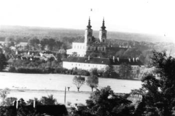 Zámek před bazilikou na počátku 20. stol. (zdroj: http://www.obnova.sk/diskusia/sasswar-sastinsky-hrad-zamok-pevnost-kastiel)