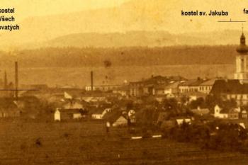 výřez z pohledu na město Místek od Frýdku řed velkým požárem města v roce 1887. Zaznačeny hlavní dominanty města. ( © zákres Jan P. Štěpánek do sbírek SOkA Frýdek - Místek )