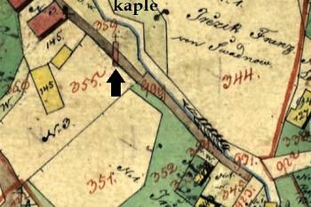 výřez části mapy Indikační skici ze 30. let 19. století s vyznačenou kaplí ( © ÚAZK)