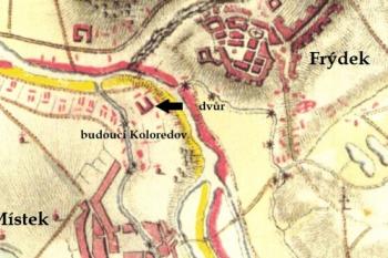 vyznačení dvora na mapě 1. vojenského mapování ze 60. let 18. století ( © na podkladě map ÚAZK zaznačil Jan P. Štěpánek)