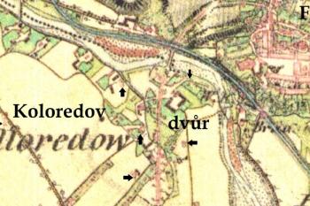 vyznačení dvora na mapě 2. vojenského mapování ze 30. let 19. stolet ( © na podkladě map ÚAZK zaznačil Jan P. Štěpánek)