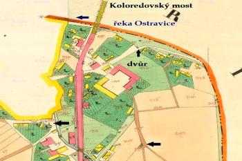 Vyznačení dvora na mapě Stabilního katastru z roku 1833 ( © na podkladě map ÚAZK zaznačil Jan P. Štěpánek)
