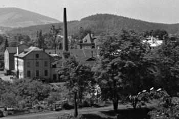 Pohled na areál bývalého dvora (tehdy již podniku Seliko) z frýdeckého zámku v roce 1958 ( © Státní okresní archiv Frýdek-Místek)