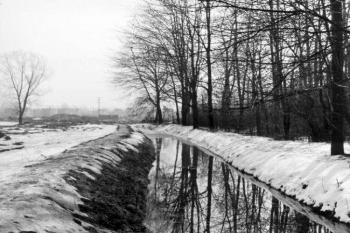 Úsek mlýnského náhonu za starým místeckým hřbitovem (dnes Janáčkovým parkem). Pohled proti proudu - rok 1963  ( © Státní okresní archiv ve Frýdku-Místku )
