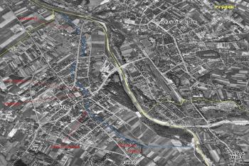 starý Místek v roce 1955 s vyznačeným průběhem mlýnského náhonu ( © MO ČR 2009, VGHMÚř Dobruška)