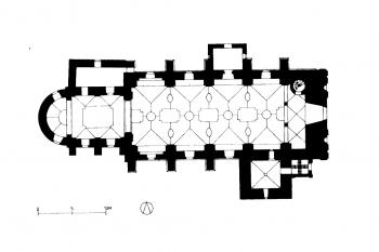 půdorys kostela (© Benesch, Evelyn, ed.: Dehio-Handbuch - Die Kunstdenkmäler Österreichs - Niederösterreich, 1 nördlich der Donau, Schroll, Wien 1990)