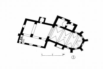 půdorys kostela (© Benesch, Evelyn, ed.: Dehio-Handbuch - Die Kunstdenkmäler Österreichs - Niederösterreich, 1 nördlich der Donau, Schroll, Wien 1990)