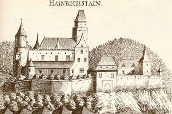 Dobová mědirytina hradu Heindenreichstein od Georga Matthause Vischera z r. 1672. (© zdroj: http://www.ceskycestovatel.cz)