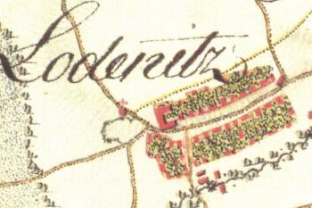 Loděnice na I. vojenském mapování – josefském z l. 1764-1783 (Zdroj: http://oldmaps.geolab.cz)