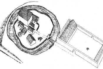 rekonstrukce sídla a dvora (© P. Chotěbor (in Václav Huml: Nové objevy v areálu středověké tvrze v Praze 8 - Čimicích, Archaeologia historica 13, Musejní a vlastivědná společnost v Brně, Brno 1988))