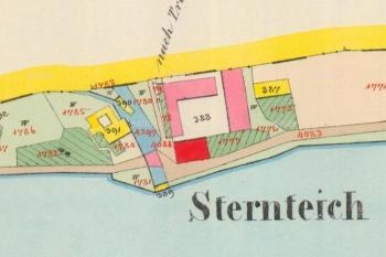 Zámek (červeně) na Císařském povinném otisku map stabilního katastru Čech z r. 1839. (© zdroj: http://archivnimapy.cuzk.cz)