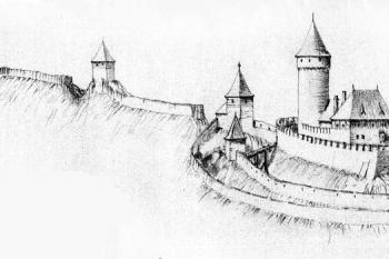 domnělá rekonstrukce celkového pohledu na hrad i s předsunutým opevněním od jihozápadu kolem roku 1460 ( © Rostislav Vojkovský 2005)