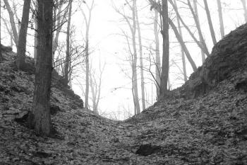 jeden z příkopů oddělujících jednotlivé objekty předsunutých opevnění hradu ( © Jan P. Štěpánek 01/2008)