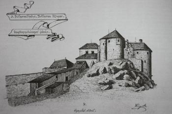 Podoba horního hradu kolem poloviny 19. stol., před přístavbou křídla pro sirotčinec. (© Zdroj: z knihy: M. Plaček, M. Bóna, Encyklopedie Slovenských Hradů, Libri, Praha, 2007)
