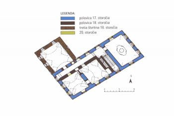 půdorys přízemí (© Szerdová-Veľasová, Ľubica, Kapišinská, Veronika a Bóna, Martin: Národné kultúrne pamiatky na Slovensku - okres Martin, Pamiatkový úrad Slovenskej republiky, Bratislava 2012)