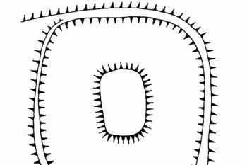 terénní náčrt (© Matej Ruttkay: Príspevok k poznaniu malých stredovekých opevnení na juhozápadnom Slovensku (in: Archaeologica historica 17, MVS v Brně, Brno 1992))