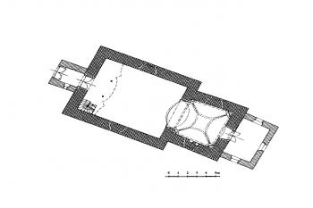 půdorys kostela (© Karel Kibic, Vojtěch Vaněk: Středověká venkovská sakrální architektura na Kutnohorsku, Vlastivědná knihovnička SPS sv. 19, Unicornis, Praha 2012)