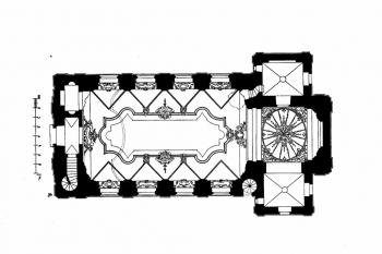 půdorys kostela (© Antonín Cechner: Soupis památek historických a uměleckých v Království Českém, sv. 19 Politický okres královéhradecký, Archaelogická komise při České akademii císaře Františka Josefa pro vědy, slovesnost a umění, Praha 1904)
