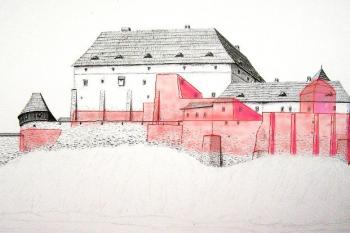 Rychlé srovnání současné podoby hradu (červené kontury) a původní podby hradu po renesanční přestavbě ( © Jan P. Štěpánek)