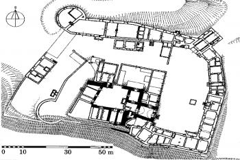 půdorys s vyznačením středověkých fází ( © Pavel Kouřil, Dalibor Prix, Martin Wihoda: 'Hrady českého Slezska', Arch. ústav AV ČR, Brno 2000)