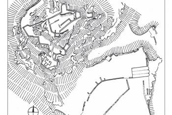 Pyli, terénní náčrt hradu a podhradí. (Zdroj: 2_ArchaeologiaHistorica_38-2013-2_12.pdf Rozmanitost fortifikací – doklad dějinných zvratů na ostrově Kós (Řecko) MIROSLAV PLAČEK)
