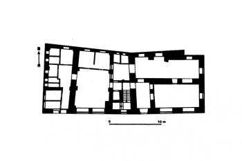 půdorys přízemí, stav cca 1970 (© Kovář, Daniel: Tvrze, hrady a zámky Českobudějovicka, Historicko-vlastivědný spolek v Českých Budějovicích, České Budějovice 2011)