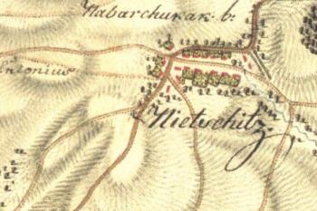 Nětčice na I. vojenském (josefském) mapování 2. pol. 18. stol. (© zdroj:http://oldmaps.geolab.cz/map_root.pl?la)